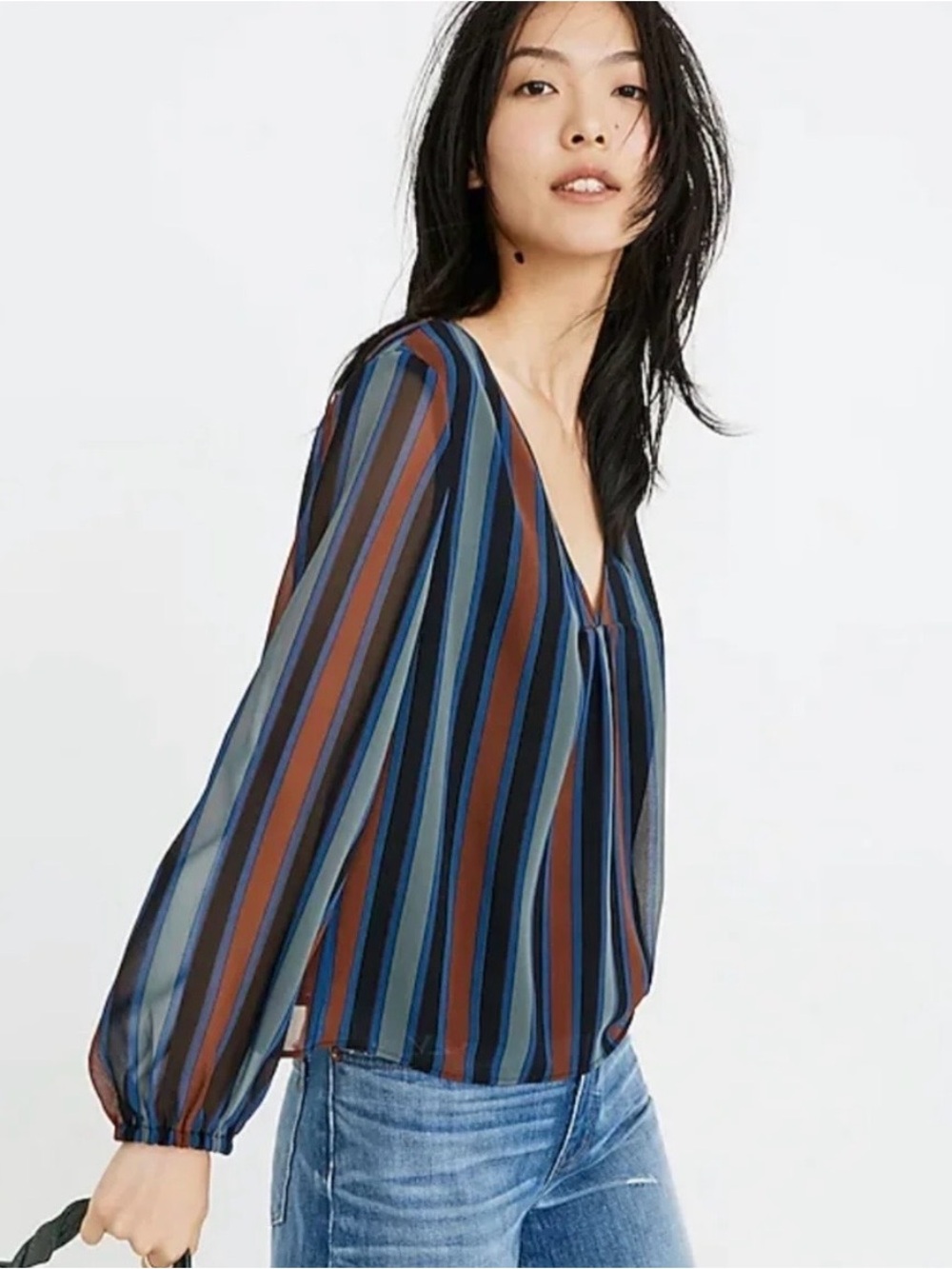 Madewell Teal Academy Striped Sheer Sleeve Blouse Sz S